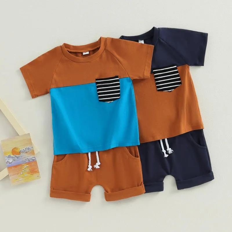 Ensembles de vêtements Pudcoco Infant Born Baby Boy Summer Outfits Short Sleeve Contrast Color Patchwork T-Shirt Shorts Set Toddler Clothes 0-3T