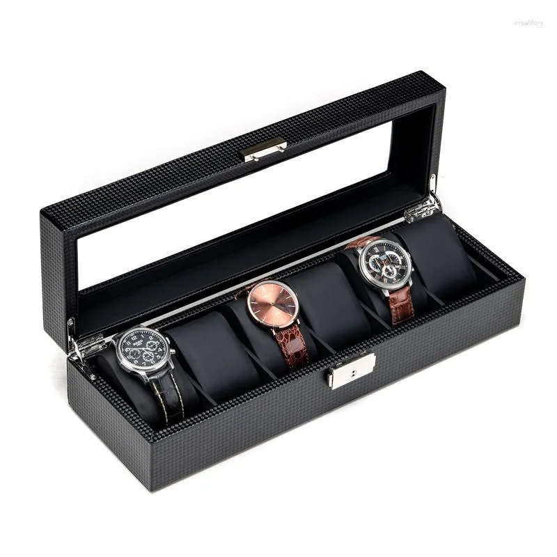 Uhrenboxen Hüllen Doppelschicht Kohlefaser Leder Schwarz Farbe Aufbewahrungsbox Fall für Uhren Schmuck Deli22
