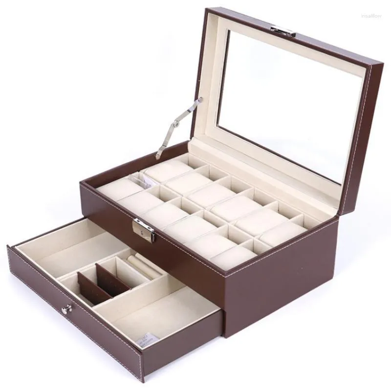 Watch Boxes & Cases 12 Slots PU Leather Storage Men & Women Jewelry Display Drawer Case 2 Layers Organizer Showcase With Glass Lid Deli2