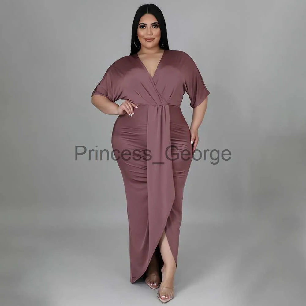 Freizeitkleider Plus Size Damen Elegante Kleider Solide V-Ausschnitt Rüschenkleider 2023 Frühling Party Club Outfit Lady Fashion Prom Abendkleider x0625