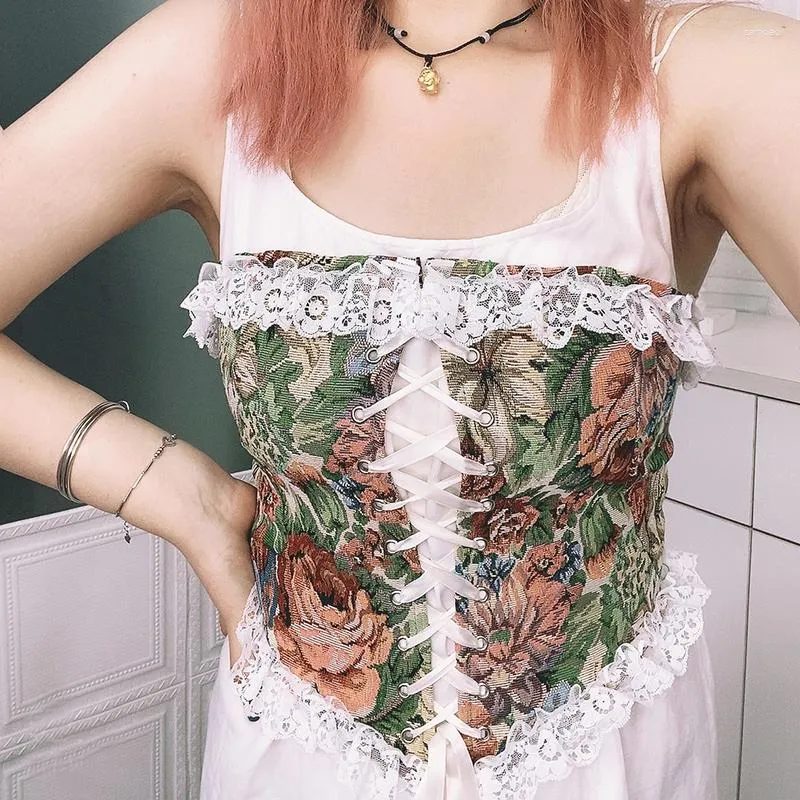 Czołgi damskie Summer Vintage High Street Corset Kobiety kwiatowy druk koronkowy bez ramiączek nieregularny kamizelka z koronki