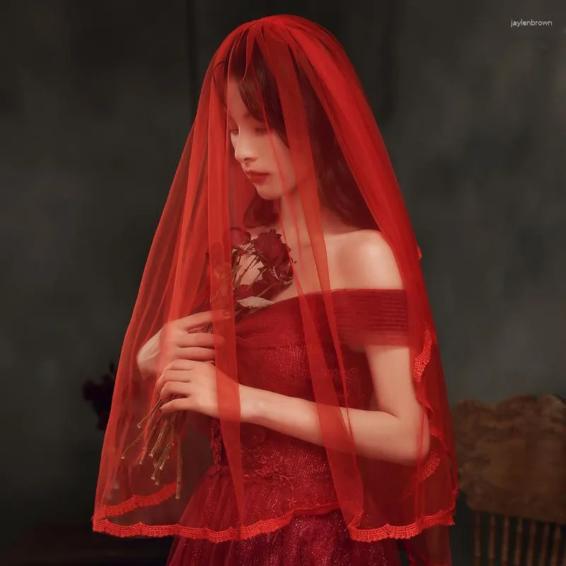 Bridal Veil Headpiece Set - Red Wedding Veil, Lace Headdress  display picture 1