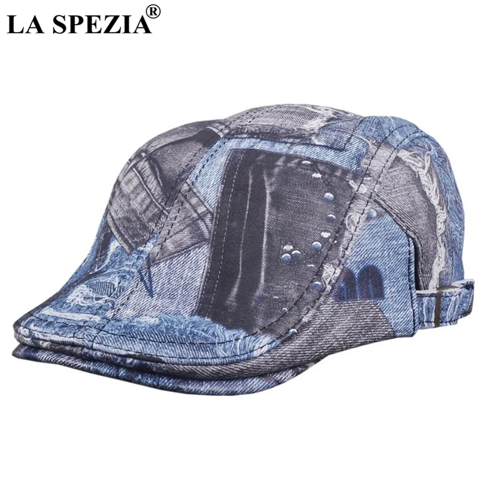 LA SPEZIA Berretto piatto con stampa unisex in vera pelle di montone Cappello a becco d'anatra blu Berretto da donna Designer di personaggi Primavera Uomo Berretto da regista