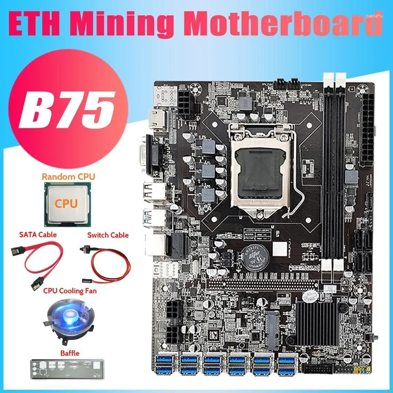 Moederborden B75 USB ETH Mijnbouw Moederbord CPU Baffle SATA Kabel Schakelaar Lichtgevende Ventilator 12XPCIE Naar USB3.0 BTC