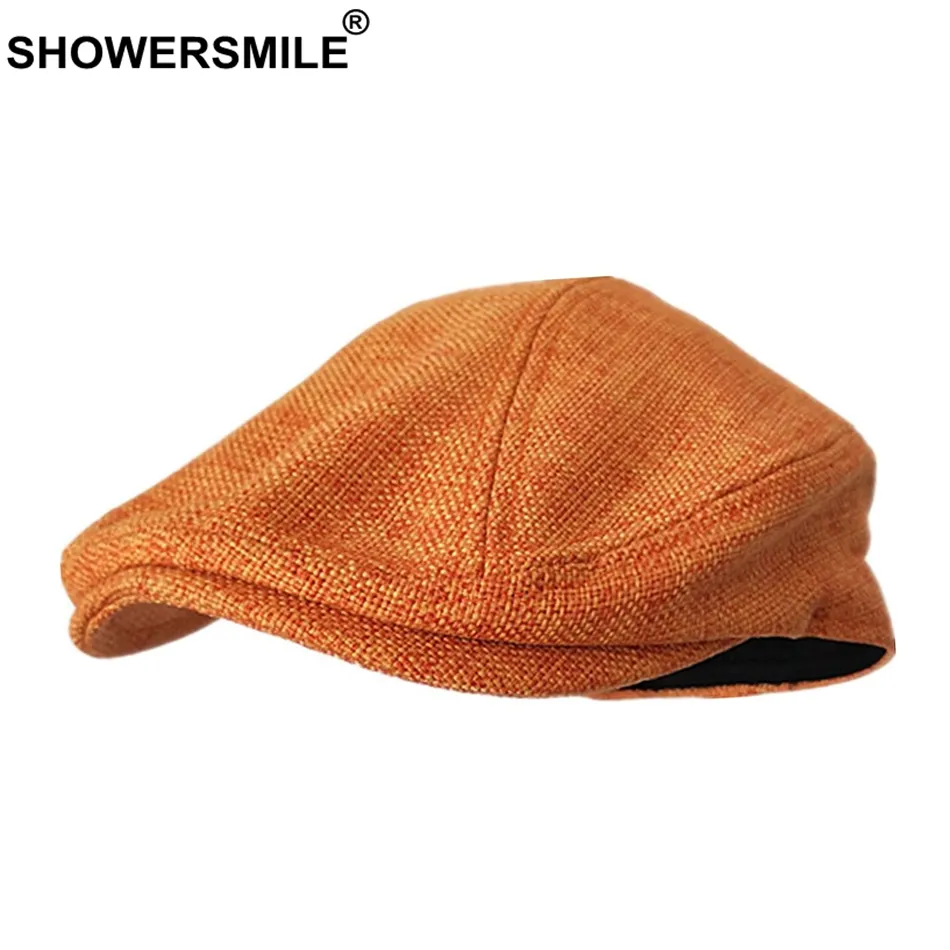 SHOWERSMILE bérets casquettes pour femmes Orange coton lin casquettes plates hommes classique solide coloré bec de canard casquette été unisexe rétro chapeaux