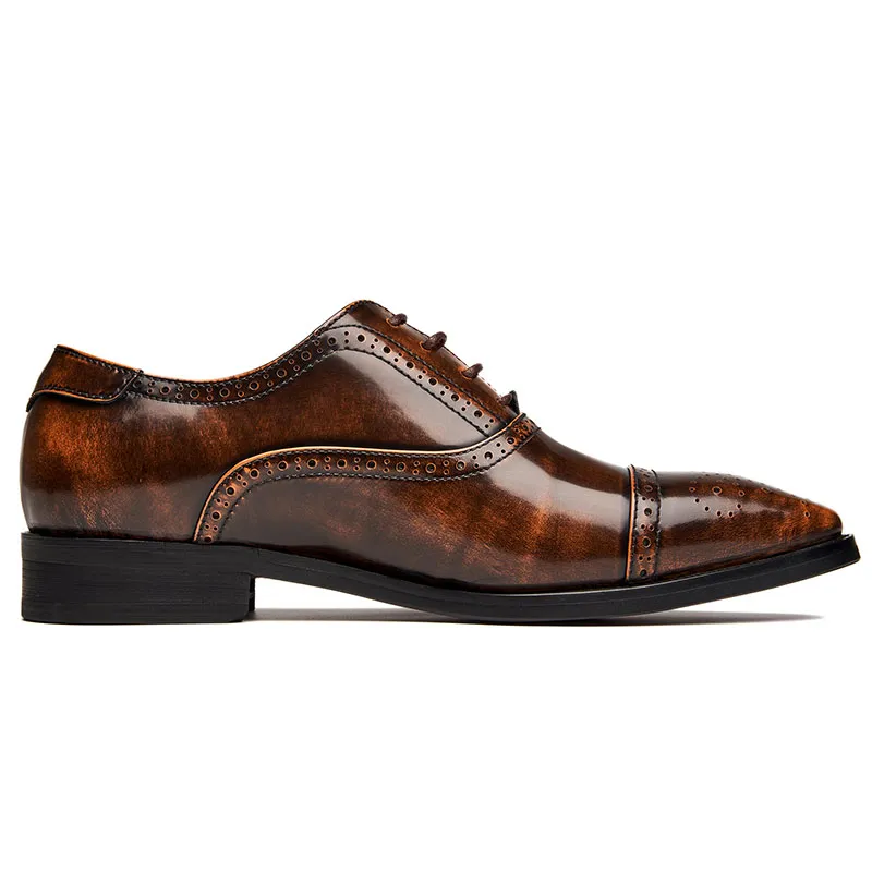 Mens Patent Leather Cap Toe Brown Lace Up Shoes Man Brogue Shoes