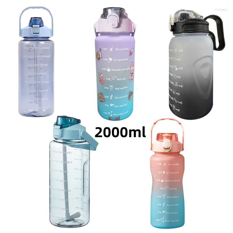 Water Bottles 2 Liters Summer DrinkingSports Bottle With Time Marker Motivational Portable Reusable Plastic Cups Send Stickers