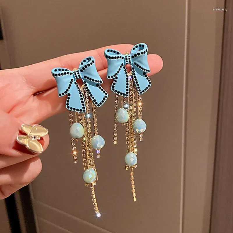 Orecchini a bottone Goccia di fiocco blu dolce estate per le donne Nappa lunga Perline di cristallo Regali di gioielli per feste