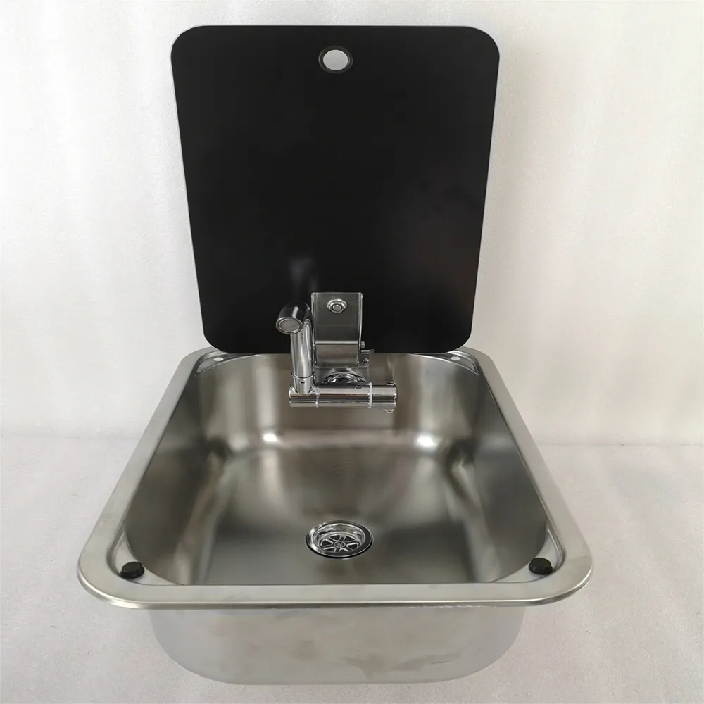 Stainless Steel Sink Tempered Glass Lid 380*280*136mm Boat Caravan RV GR-566B