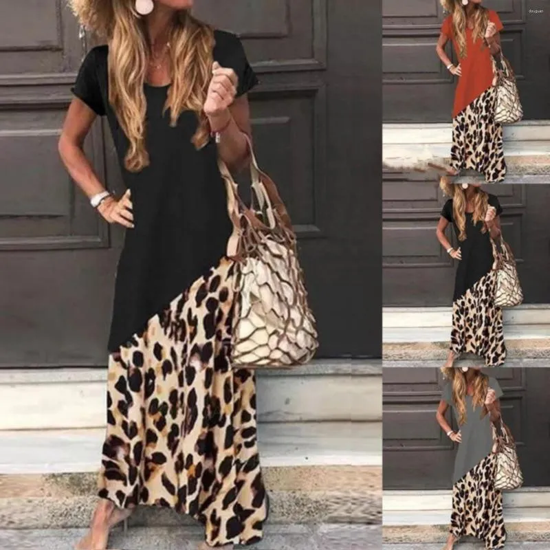Lässige Kleider Europäische und amerikanische Sommerfrauen mit kurzen Ärmeln, Leopardenmuster, lockeres Spleißen, extra lange Tasche, Maxi für Damen