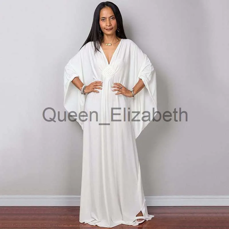 Casual Dresses Greek Goddess Pure White Long Dress Stuning Solid Color Black Kaftan High Waist Batwing Sleeve Maxi Dresses For Elegant Women J230625