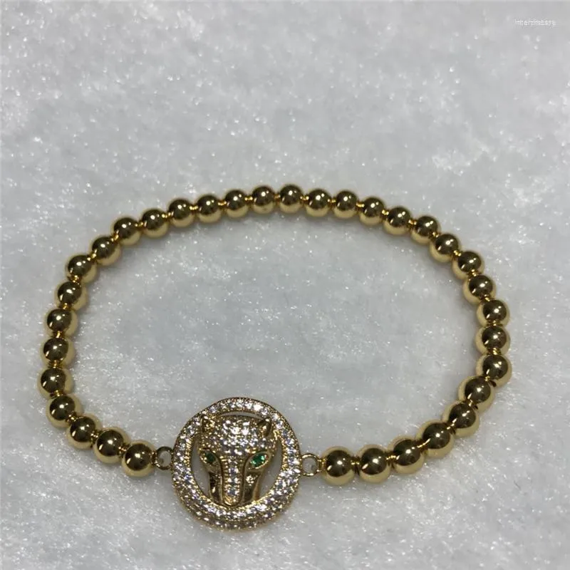 Länk armband grossist vacker god kvalitet inlage leopardhuvud 4 mm rund pärla armband elastiskt rep