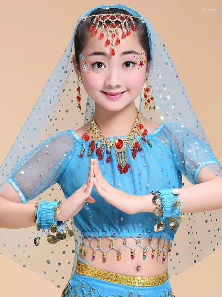 Scene Wear Children paljetter Oriental Festival Tops Belly Dancer Jazz Elegant Dance Costume Arab Clother Girl Latin Solid Color T-shirt