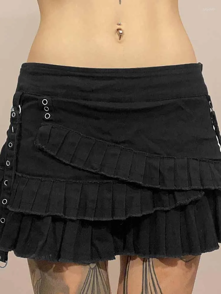 Skirts Denim Skirt Gyaru Black Mini Layering Pleated For Women Rock