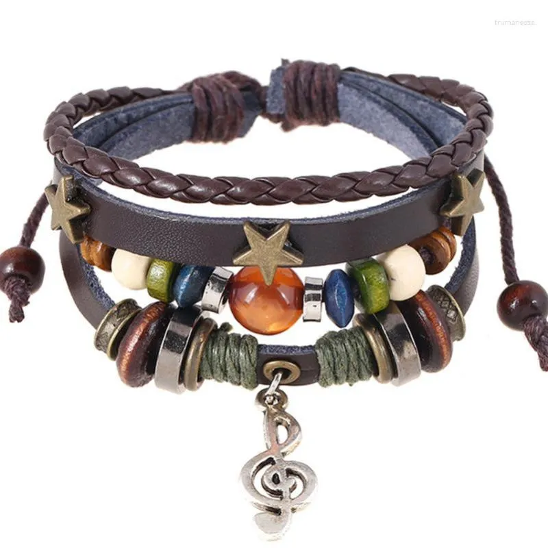 Charm Bracelets Bracelet Gypsy Hippie Brown Leather Star Treble Clef Metal Pendant Wood Button Beads Adjustable Unisex