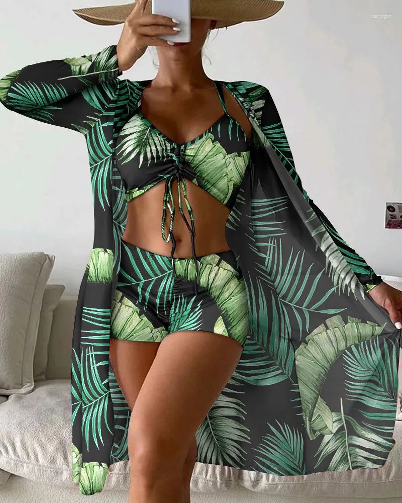 Survêtements pour femmes GPBD 2023 Sexy plage Style imprimé femmes costume à manches longues vêtements d'extérieur haut court élastique pantalon Bikini 3 pièces ensembles