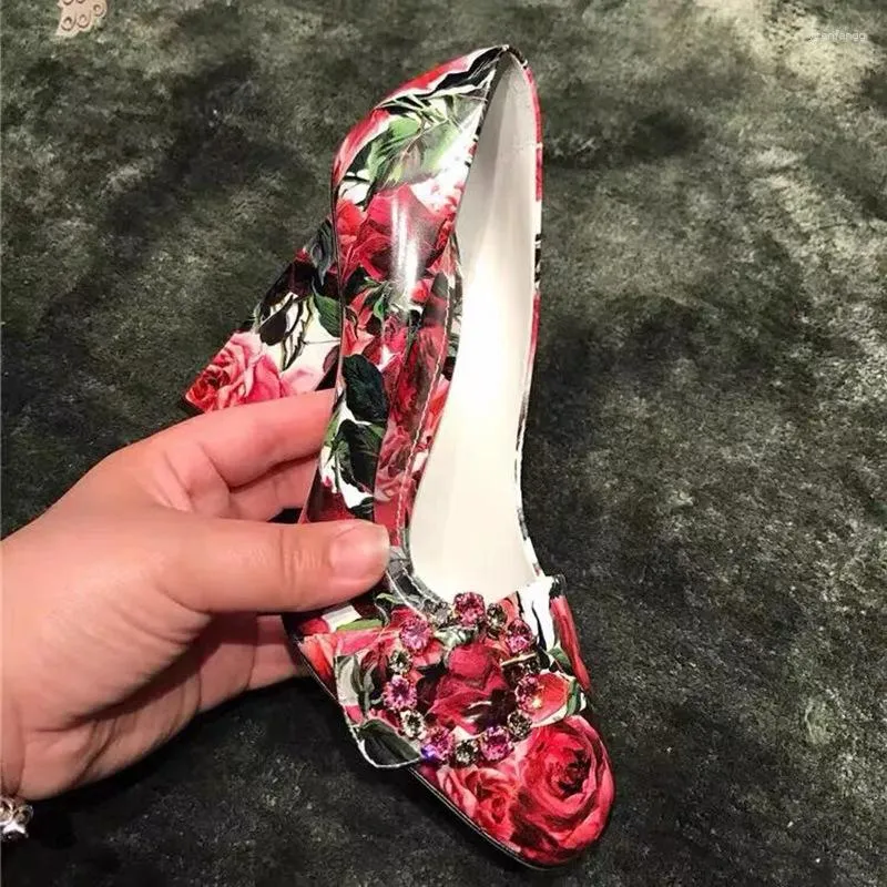 Dress Shoes Red Rose Flower Printing Wedding Woman Luxury Round Crystal Buckle High Heel Pumps Sposa Chunky Heels