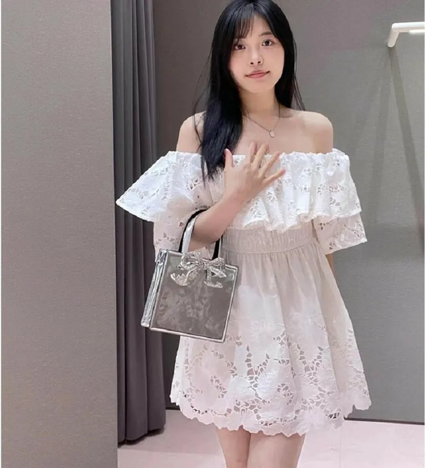 Casual Dresses AUTO Self Portrait White Off Shoulder Dress Women's Gentle Temperament Lace Waist Short Skirt