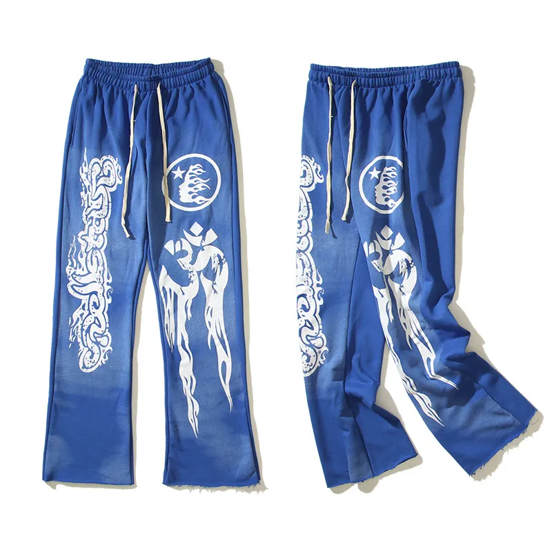 Hip Hop Vintage Blue Cotton Printed Flare Joggers With