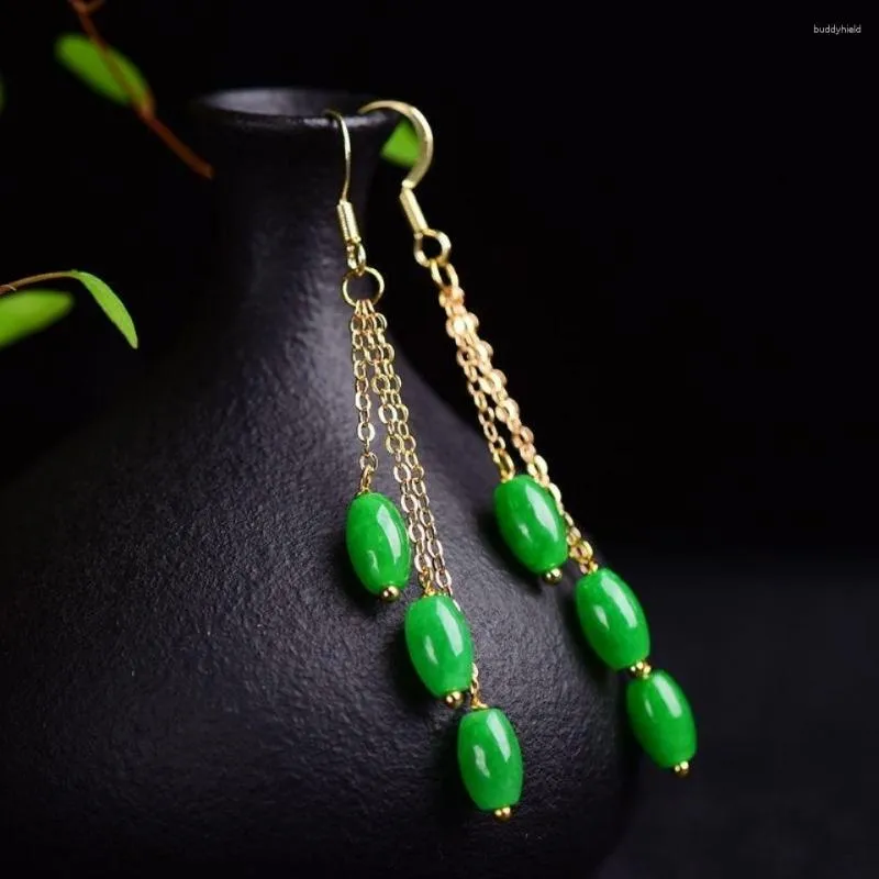 Dingle örhängen anpassade naturliga gröna jade rispärlor runda 925 silver tillbehör diy smycken mode man kvinna lycka amulet