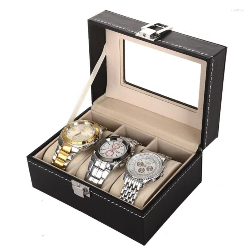 Caixas de relógio estojos caixa de armazenamento de couro vidro transparente joias masculinas presente portátil retrô viagem bolsa de pulso Deli22