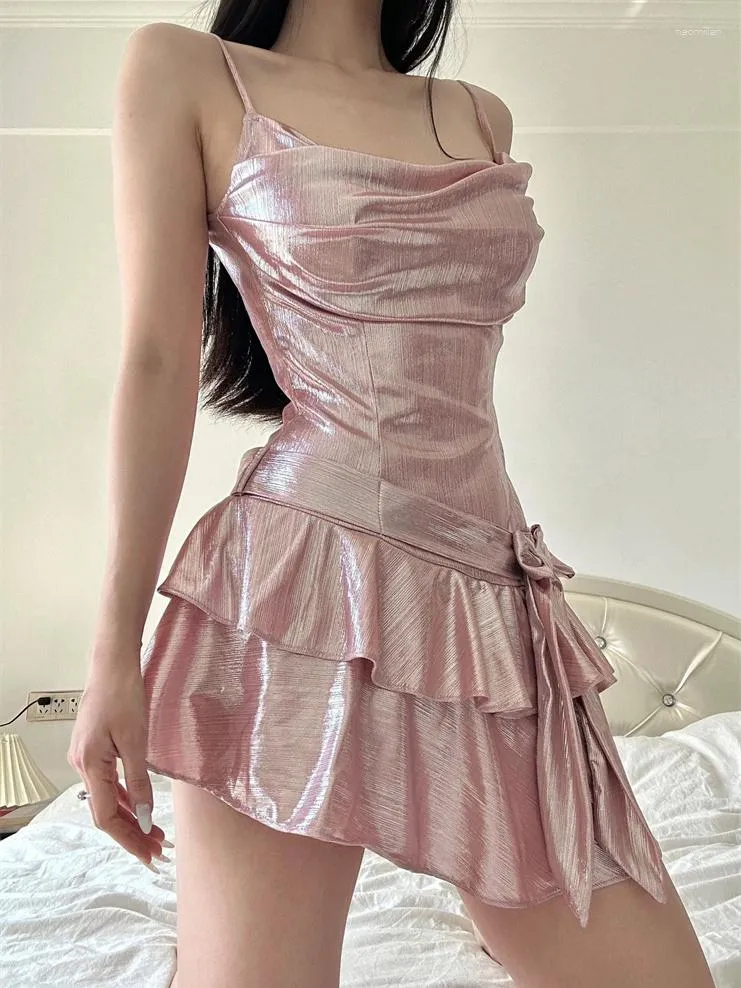 Casual Jurken GkyocQ Vrouwen Prom Mouwloze Heldere Zijde Vestidos Ruches Slanke Taille Onregelmatige Backless Gewaad A-lijn Sexy Vrouwelijke Kleding