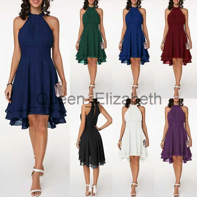 Freizeitkleider Sommer Elegante Damenkleider Hohe Taille Sexy Abgeschnittenes, geschichtetes, solides Neckholder-Kleid Damen Lässiges, ärmelloses Chiffon-Partykleid J230625