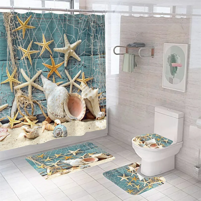 Duschgardiner Starfish Bath Curtain Shell Ocean Beach Print Polyester Vattentät skärm för flickor Pojkegåva med krokar 230625