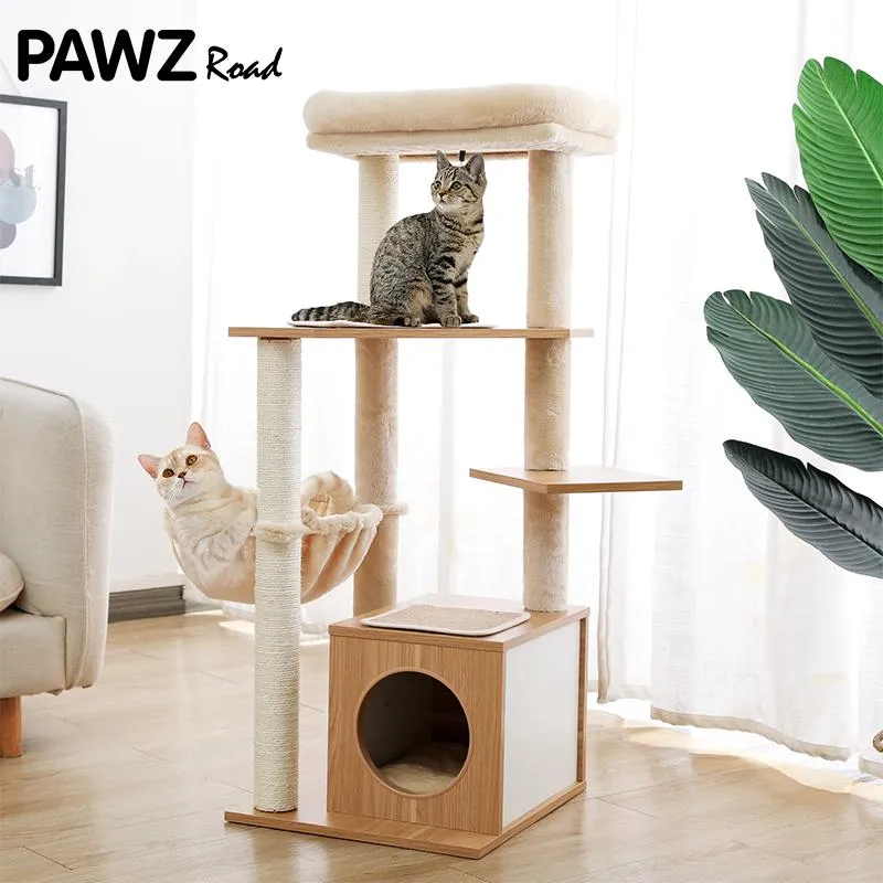 SCRACKERS H108CM MODERN CHAT TREE Wood Tower Scratching Post For Kitten Multimids Tower avec un grand lit de perchoir Condos Rascador Gato