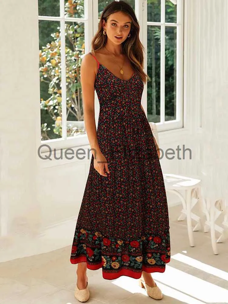 BUENOS NINOS Women's V-Neck Floral Maxi Dress - Boho Print, Adjustable Straps, Pockets, Red Black Plaid