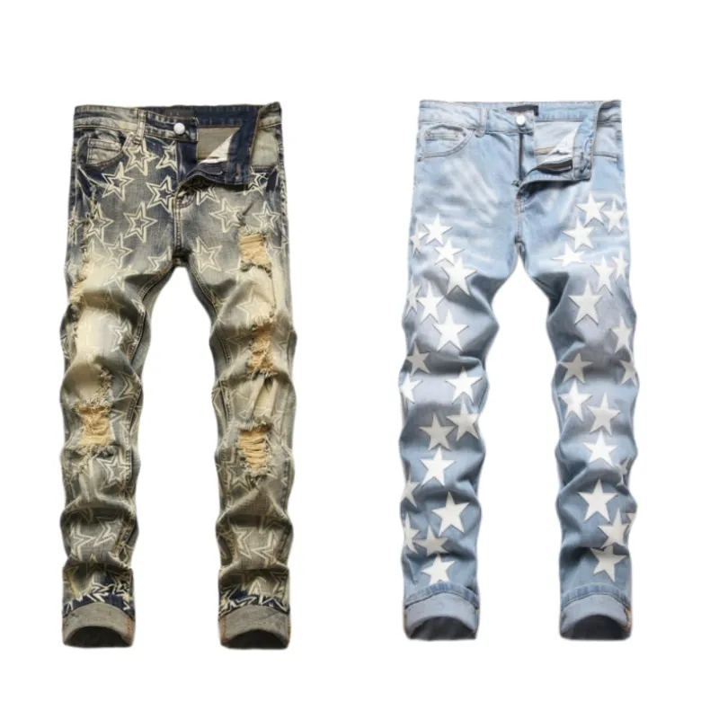 Heren jeans ontwerper European Jean Hombre Letter Star Men Borduurwerk patchwork gescheurd voor trend Brand Motorfiets Pant Mens Skinny Trend Brand Size 28-38 2023