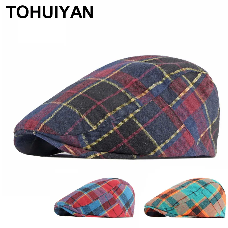 TOHUIYAN Unisex Plaid Berretti Cappelli Hip Hop Berretto piatto in cotone Donna Boinas Casquette Cappello da strillone Cappellini regolabili per uomo