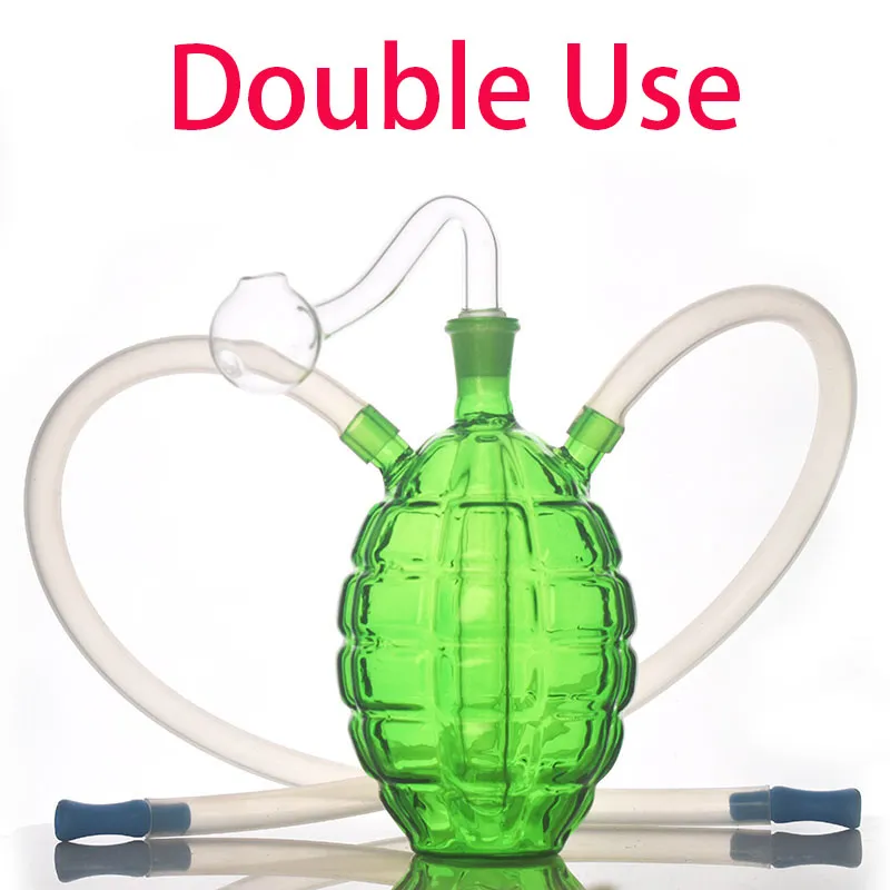 Qualité Green grenade style eau dab rig bong Épais capiteux Creative deux personnes utilisent 10mm Femme brûleur à mazout en verre bongs tuyau pour fumer avec deux tuyaux en silicone