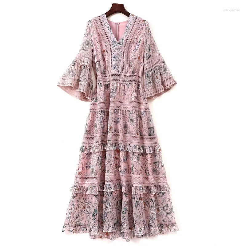 Party Dresses 2023 Arrival Nice Quality Casual Plus Size Woman Clothing Loose Floral Long Pink Chiffon Dress For Lady