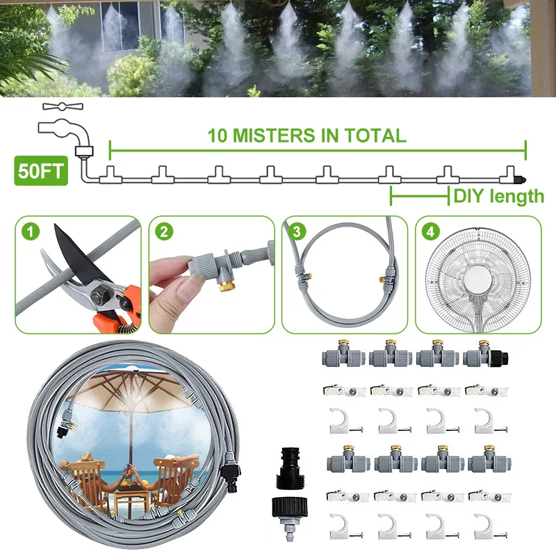 Equipos de riego 15M Pulverizador de jardín Juego de sistema de enfriamiento por nebulización DIY Nebulizador para exteriores Kit de niebla de agua de alta calidad 230625