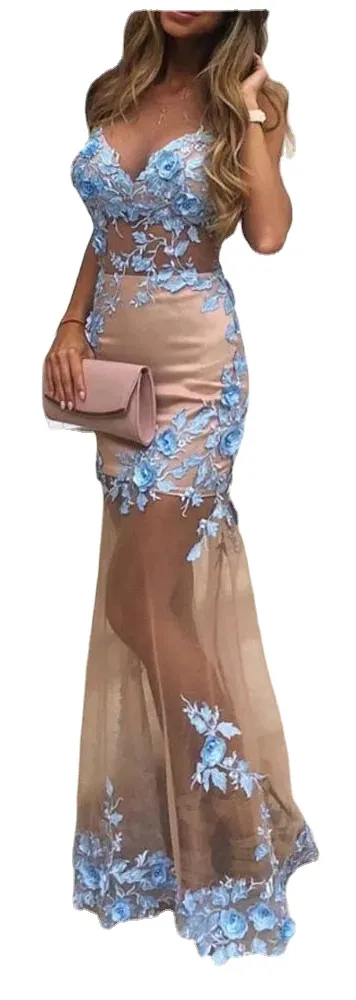 Illusion longues robes de bal Sexy chérie bleu Appliques sans manches tenue de soirée Robe de soirée Chic robes de soirée