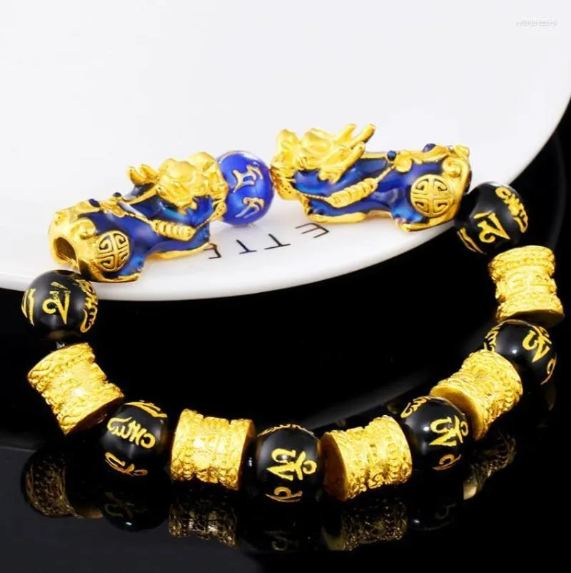 Lien Bracelets Salut 12mm Perles Noires Hommes Température Transformer Deux Pi Xiu Bracelet Or 24k Main Chaîne Fête Ami Cadeau D'anniversaire Fine