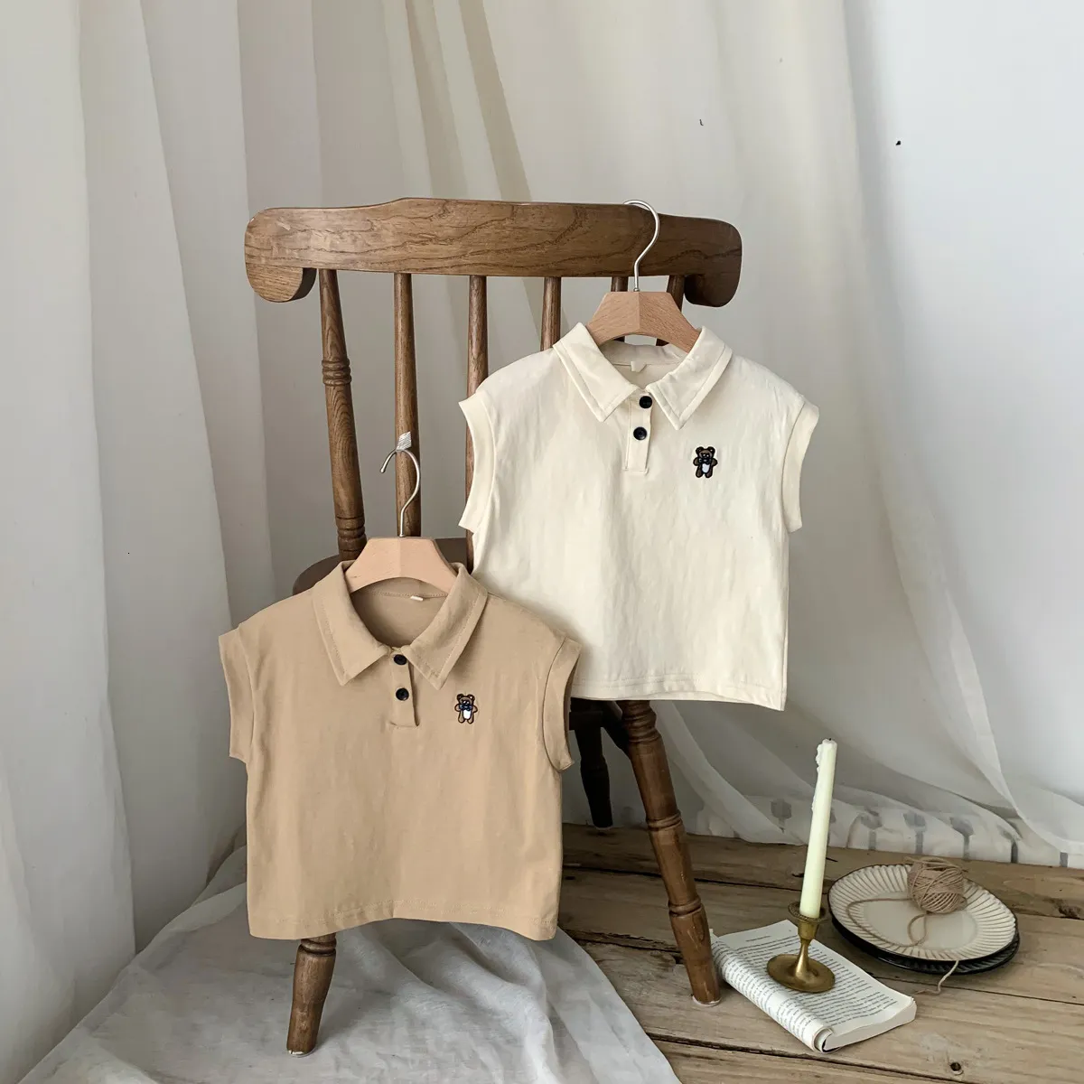 Polos Stickerei Kinder T-shirt Nette Bär Korea Stil Sommer Junge Mädchen Kleidung Solide Kurzarm Kinder Polo-Shirt 230625