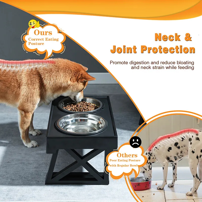 Elevated Dog Double Bowls, 5 Adjustable Heights Raised Dog Bowl Stand With  2 Removable Stainless Steel Feeder Bowls For Neck Protection