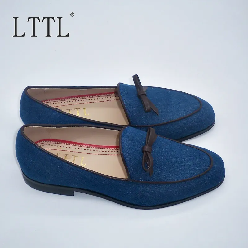 British Style New Handmade Blue Canvas Loafers Men Denim Shoes Butterflyknot Casual Shoes Summer Flats Male Dress Shoes