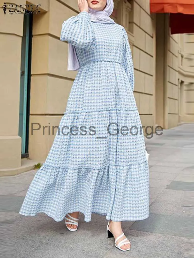 Casual Dresses Zanzea Fashion Muslim Dubai Turkiet Abaya Hijab Dress Women Plaid kontrollerad långärmad sundress Elegant Eid Mubarek Party Vestidos X0625