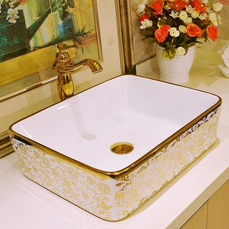 Mosaic Gold Rectanglar Washbasin Luxurious Artistic Wash Basin Bathroom Sinkhigh quatity Sekrb