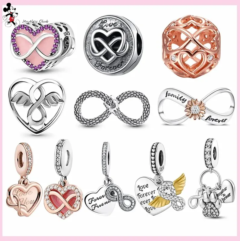 Pandora Charm için 925 Gümüş Boncuklar Takma Sonsuz Aşk Charm Ailesi Sonsuza Kadar Kalp Charm Seti