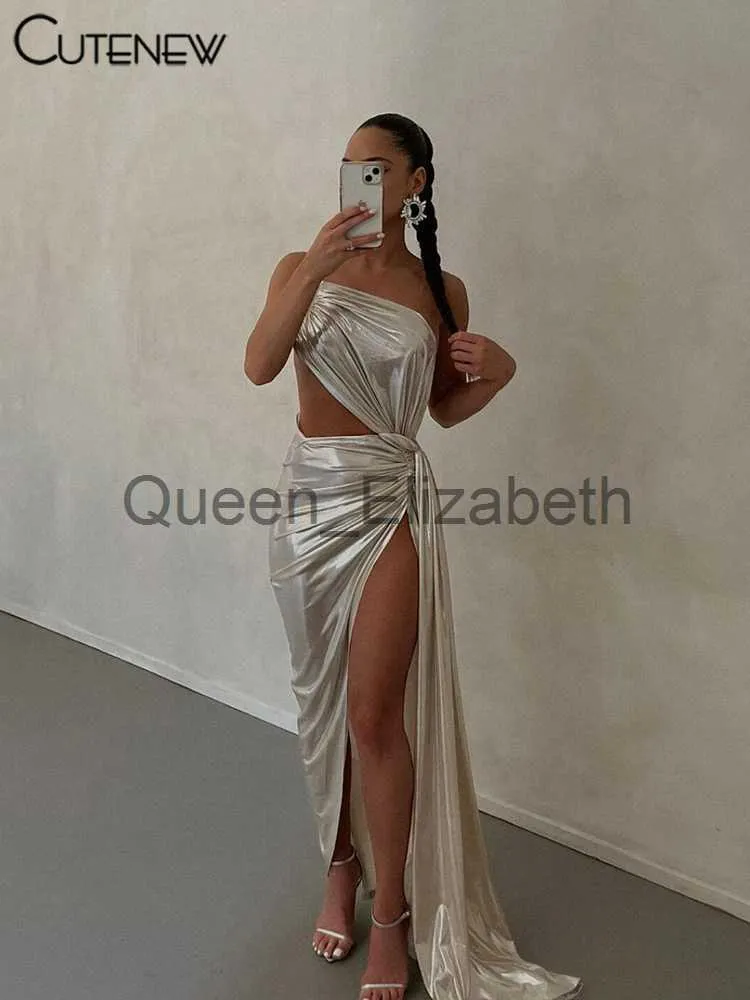 Casual Dresses Cutenew Women's 2023 Spring New Slim Dresses Sliver Backless Elegant Skinny Shiny Party Clubwear Casual Hollow Out Lady Vestidos J230625