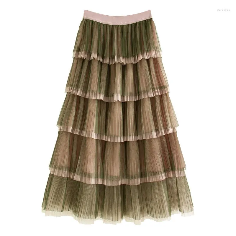 Skirts Sweet Cake Layered Tulle Long Maxi Skirt Women Fashion 2023 High Waist Ruffled Vintage Tiered Pleated Mesh Falda