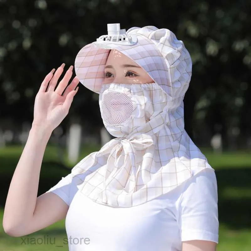 Womens Windproof Hat With Neck Shade With Fan Wide Brim Plaid Face Covering UV  Protection For Outdoor Garden, Work, Fishing Sun Block HKD230625 From  Xiaoliu_store, $8.8