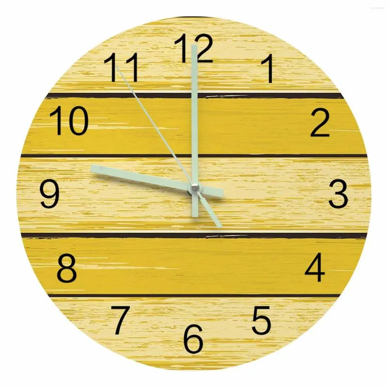 Horloges murales jaune rétro Grain de bois rustique pointeur lumineux horloge maison ornements rond silencieux salon bureau décor