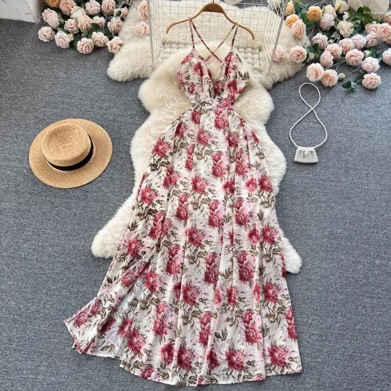 Vestidos Casuais Sexy Estampa Floral Sem Costas Elegante Vestido Slip com Corte A evasê Cintura Alta Renda Praia Festa de Férias Mulheres Vestidos de Verão