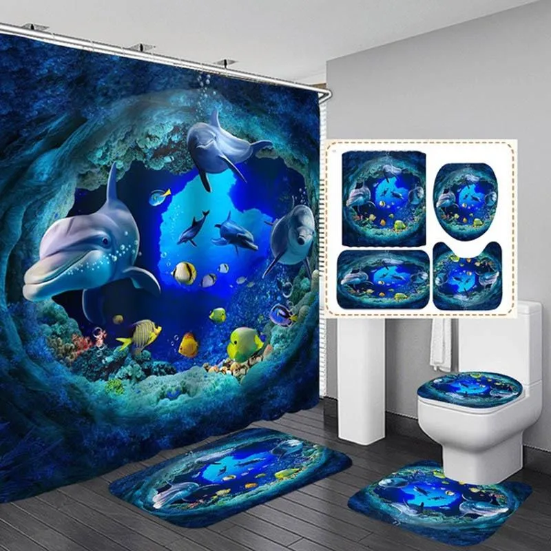 Gardiner Ocean Animal Dolphin Fish Polyester Waterproof Dowch Curtain Badrumsgardiner Set Nonslip Rug Toalettlock Täck Badgolvmatta