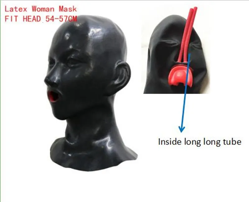 Party Masks 3D LaTex Human Hood Mask Stängda ögon Fetischhuven med röd mun Mantel Tongue Nos Tube 230625